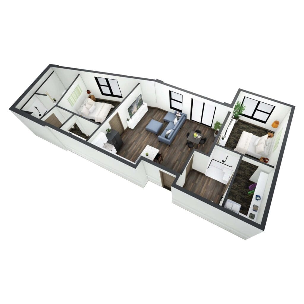 Aerial view of a modern, spacious two-bedroom apartment featuring elegant furnishings and ample natural light.