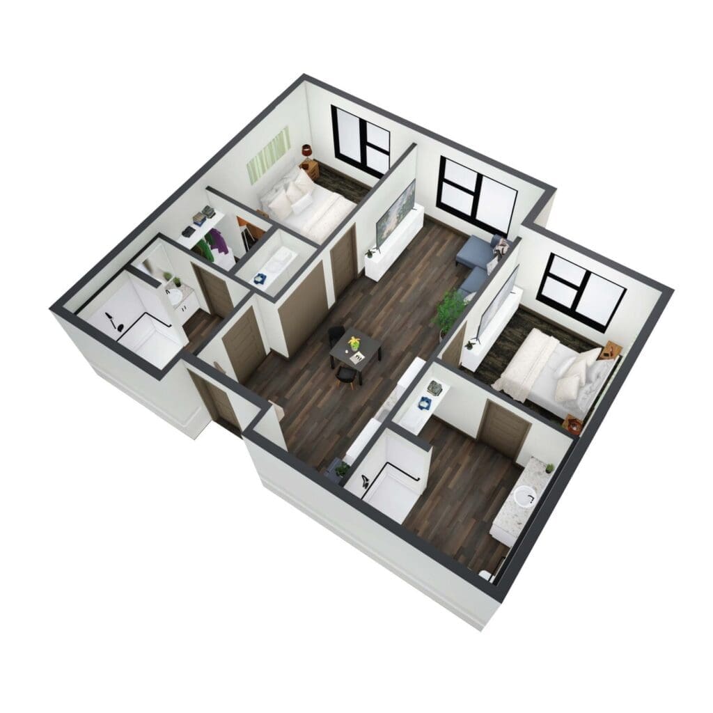 A bright, spacious senior living apartment layout featuring two bedrooms, a modern kitchen, and inviting living areas.