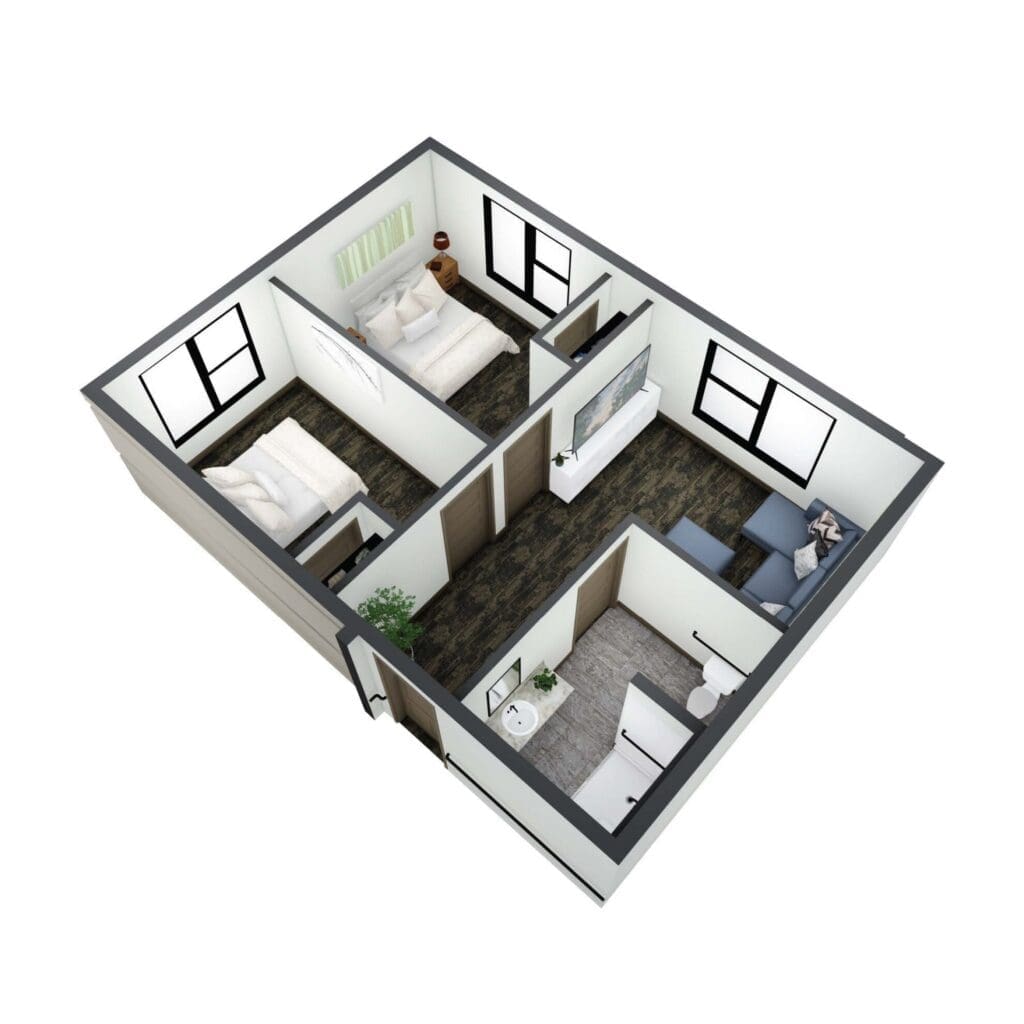 Spacious floor plan featuring two bedrooms, a cozy living area, and modern amenities for vibrant senior living.