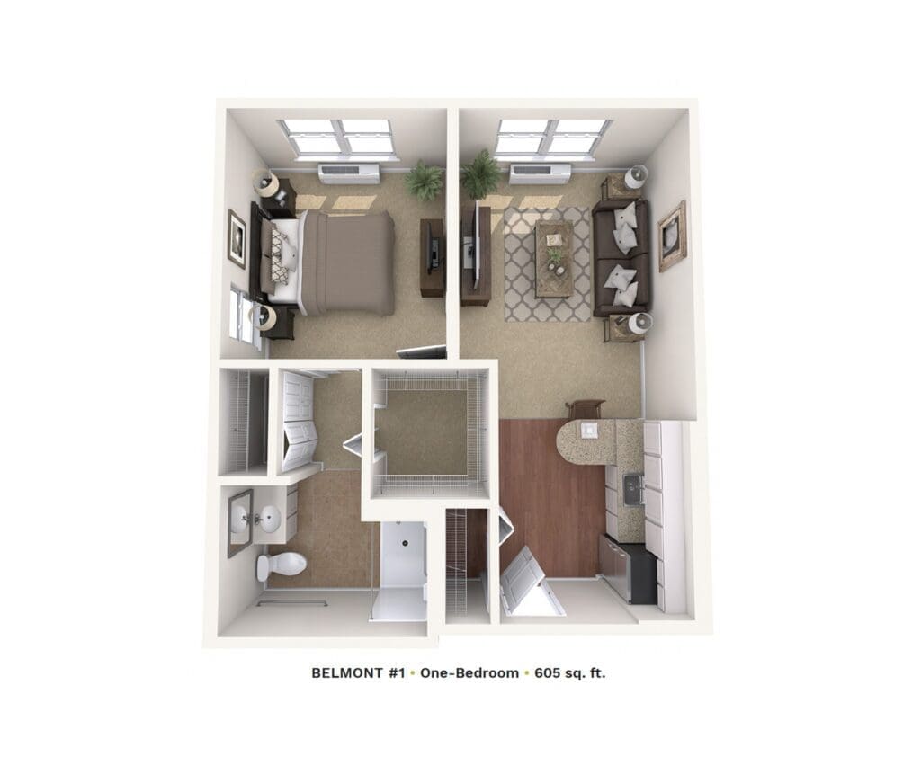 Top-down view of a one-bedroom apartment layout, showing a bedroom with a bed and nightstands, a living room with sofa and coffee table, a kitchen area, and a hallway with closets; labeled Belmont #1, 605 sq ft.
