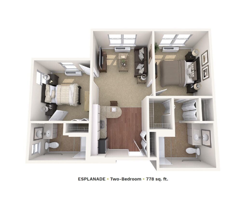 Spacious two-bedroom apartment layout featuring cozy living areas, modern amenities, and abundant natural light.
