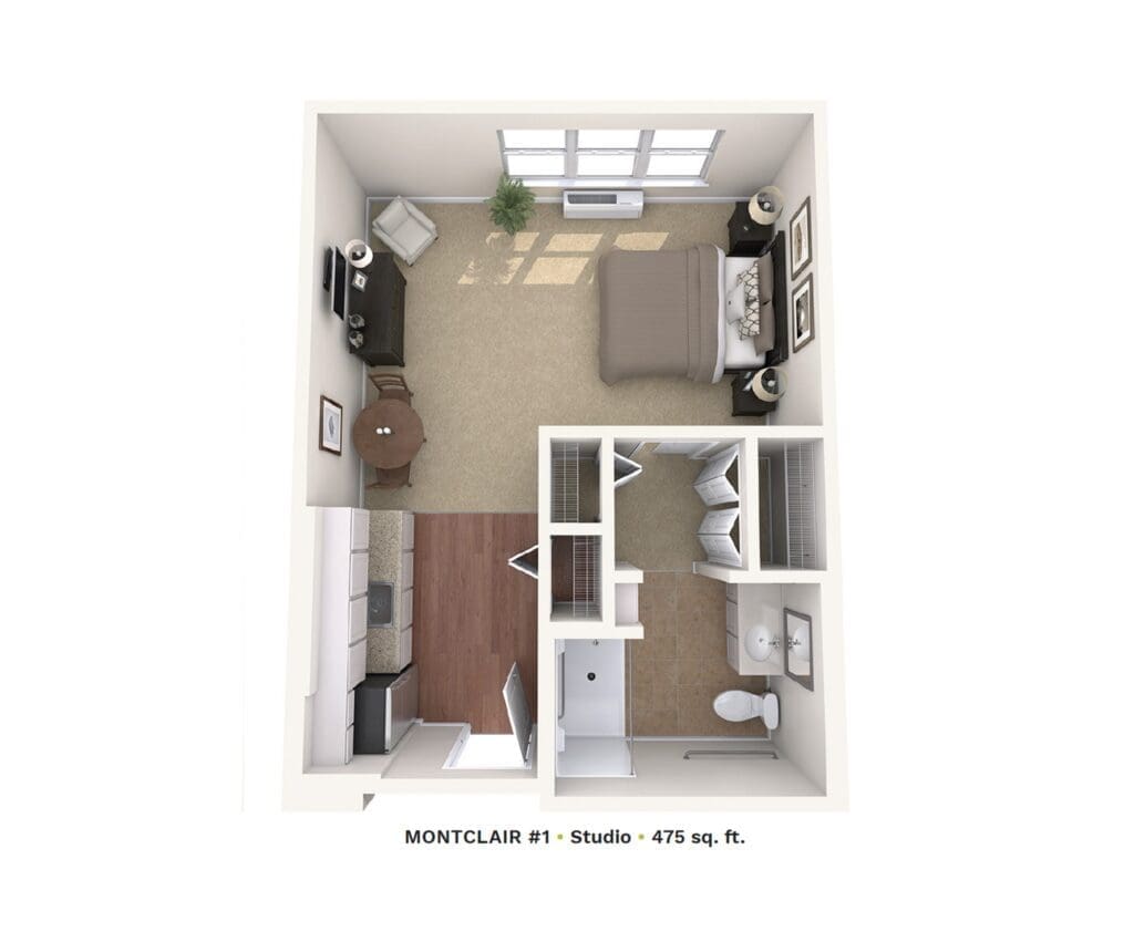 Stylish studio apartment layout featuring living area, bedroom nook, and modern kitchen, exuding comfort and elegance.