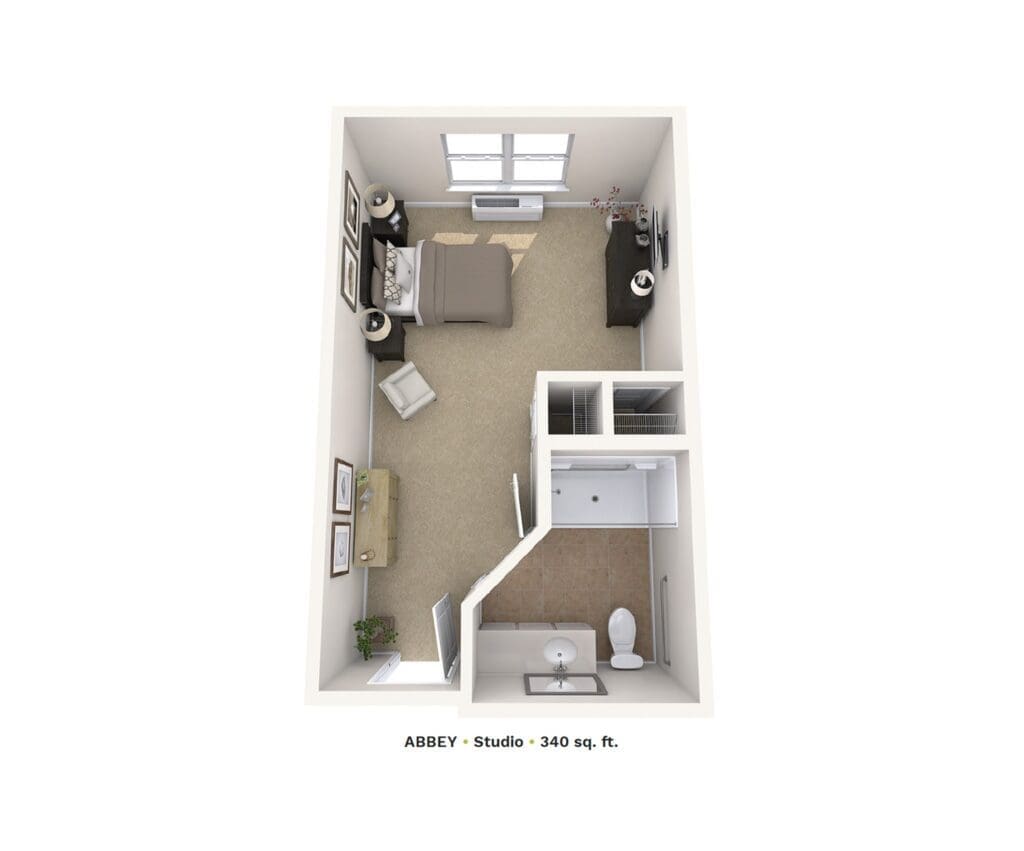 Top-down 3D rendering of a small studio apartment showing a bedroom with bed, nightstands, dresser, and adjacent bathroom area labeled Abbey Studio 340 sq ft