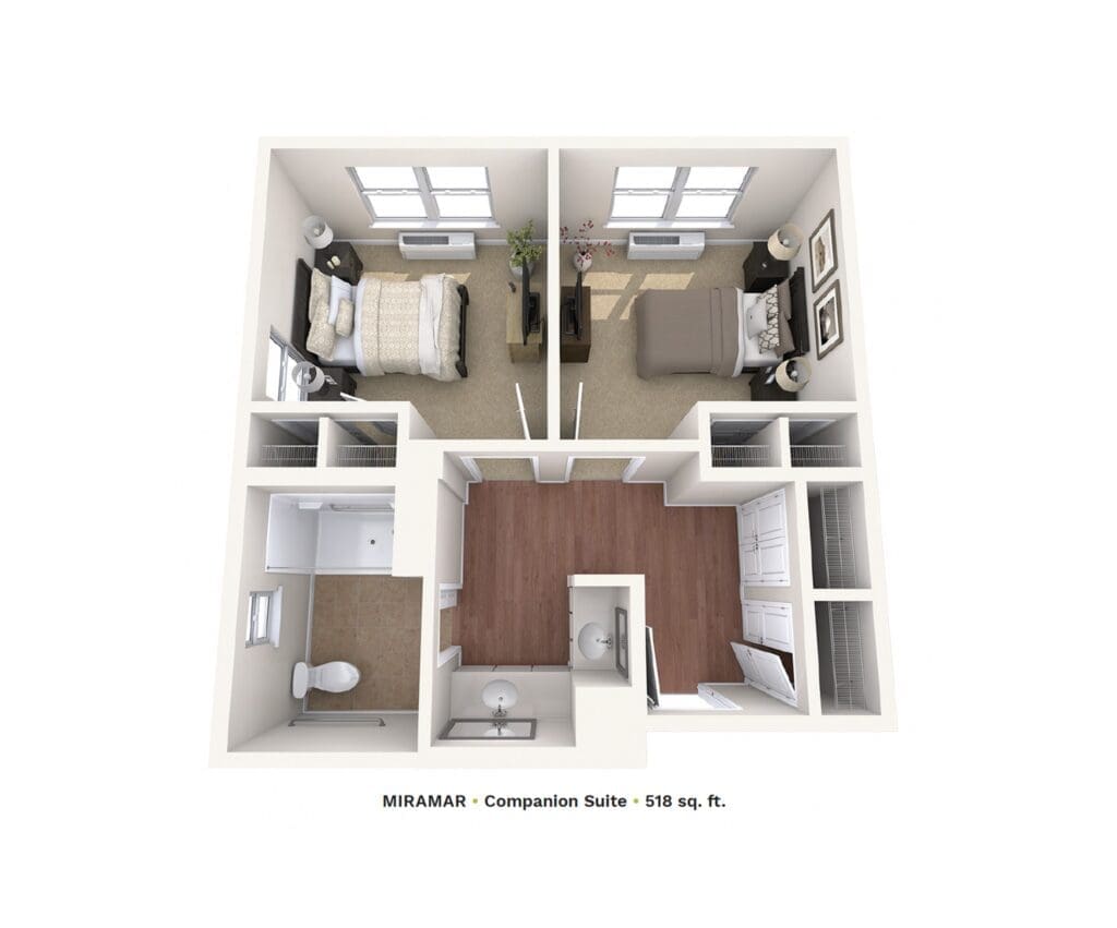 Spacious companion suite layout featuring two bedrooms, a shared living area, and modern amenities in a bright, welcoming design.