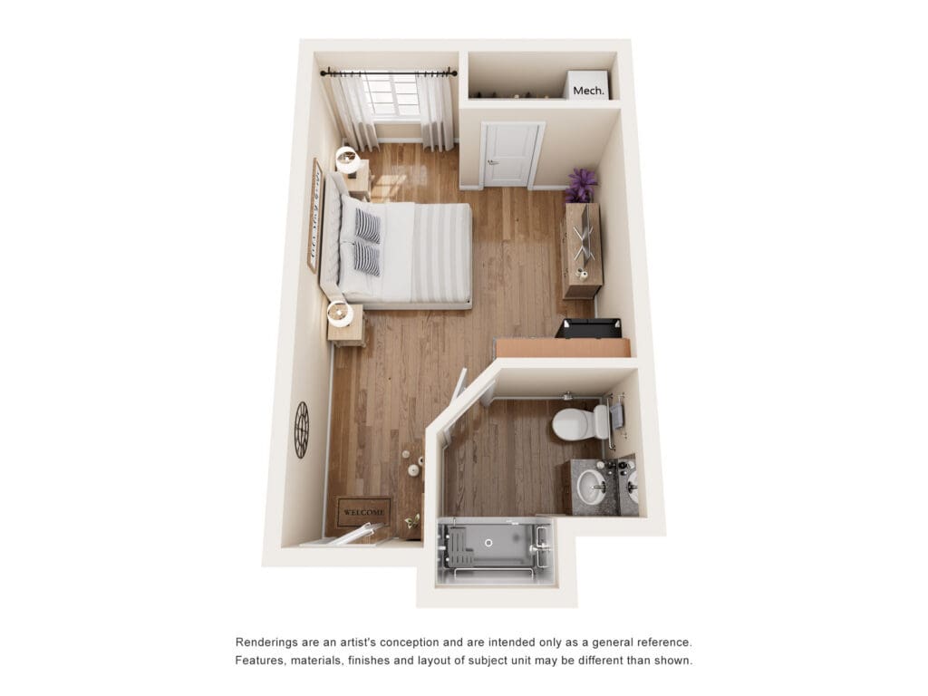 Charming studio layout featuring a cozy bedroom, modern bathroom, and inviting decor, ideal for a vibrant lifestyle.