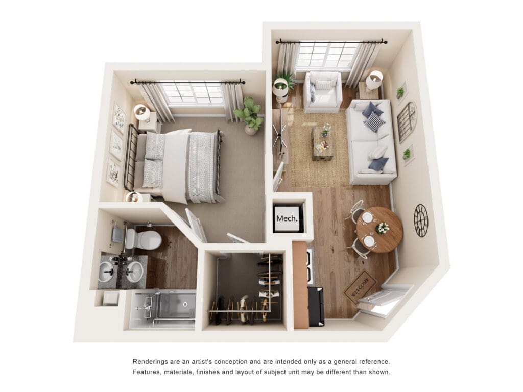 Stylish senior living apartment layout featuring a cozy bedroom, inviting living area, and modern amenities.