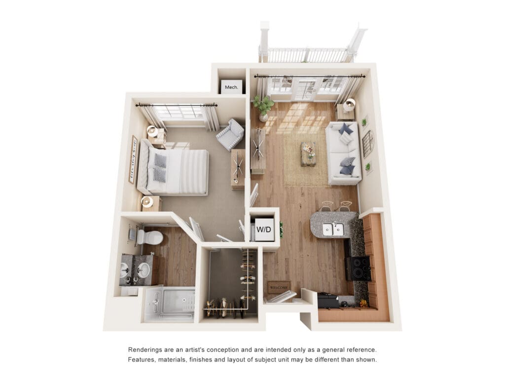 Elegant floor plan showcasing a bright, spacious living area, cozy bedroom, and modern amenities for a vibrant lifestyle.