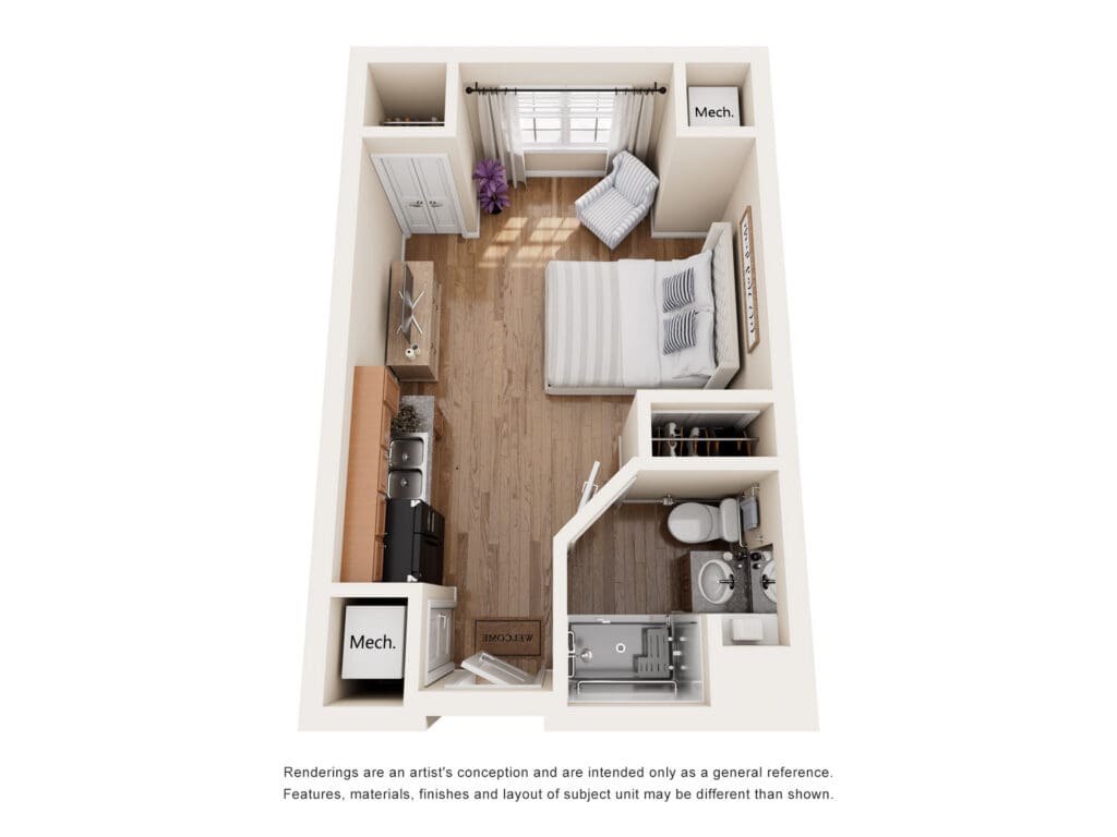 Stylish studio apartment layout featuring a cozy bedroom, kitchenette, and modern bathroom, perfect for vibrant living.