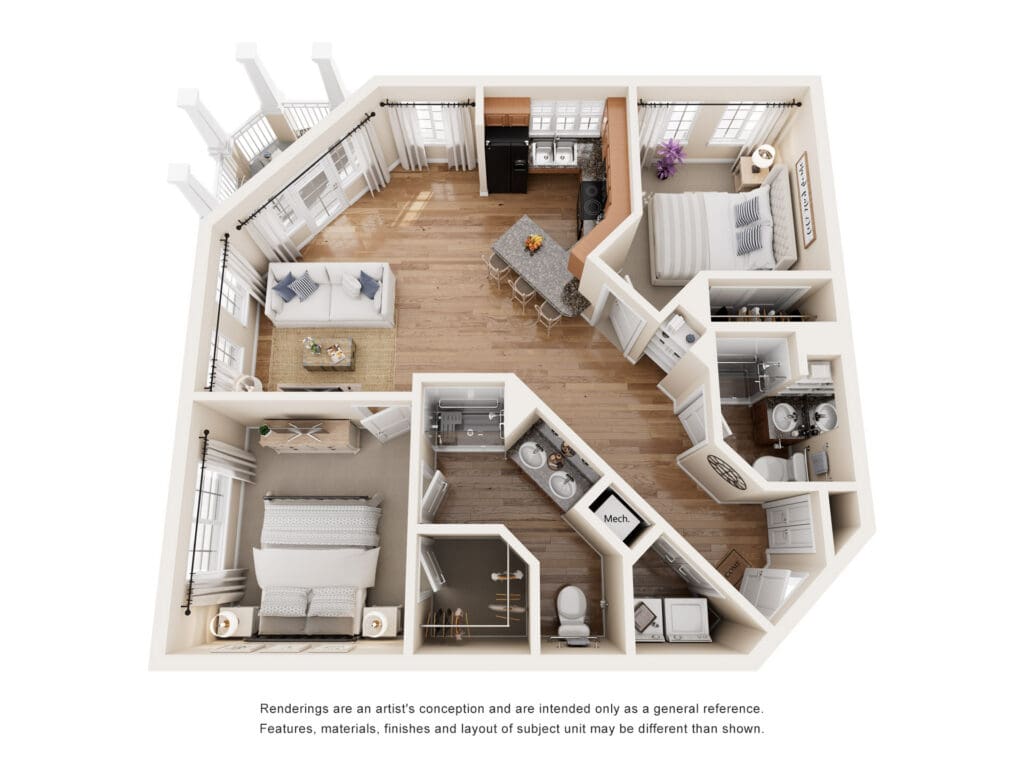 Stylish, spacious senior apartment layout featuring modern kitchen, cozy living area, and comfortable bedrooms with natural light.