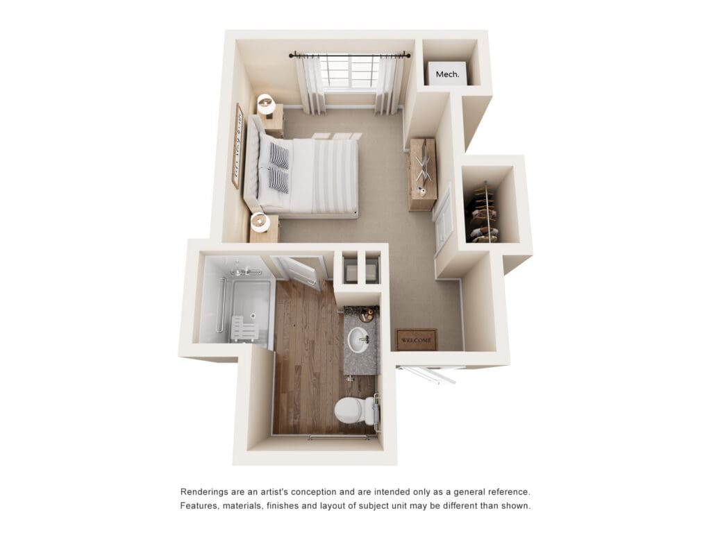 Chic, spacious one-bedroom senior living apartment layout featuring a cozy bedroom, modern bathroom, and welcoming entryway.