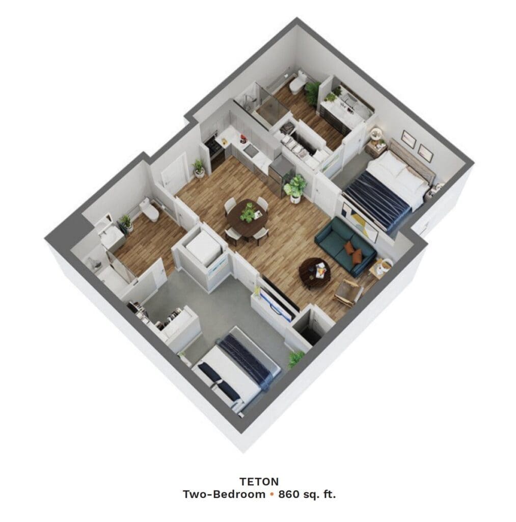 Isometric 3D floor plan of a two-bedroom apartment named Teton, showing living area, dining table, open kitchen, and two bedrooms.
