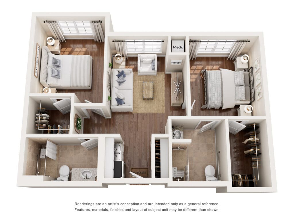 Spacious, elegant apartment layout featuring two bedrooms, a living area, and modern amenities for a vibrant lifestyle.