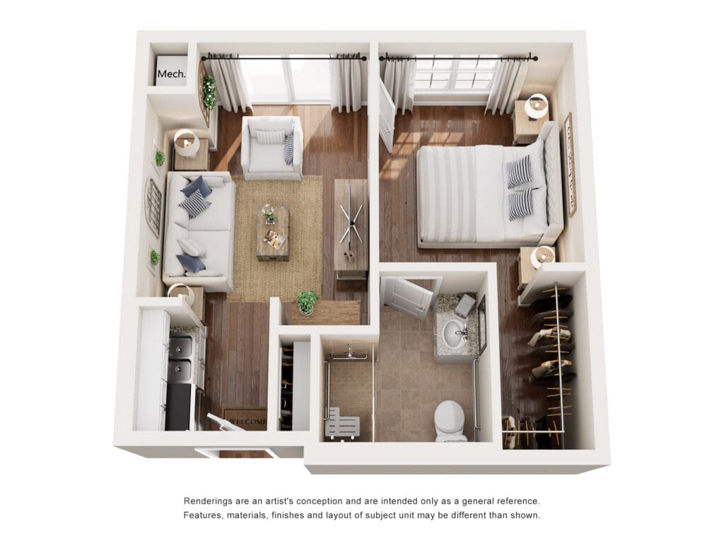 Spacious, inviting senior living apartment layout featuring bright living area, cozy bedroom, modern amenities, and stylish decor.