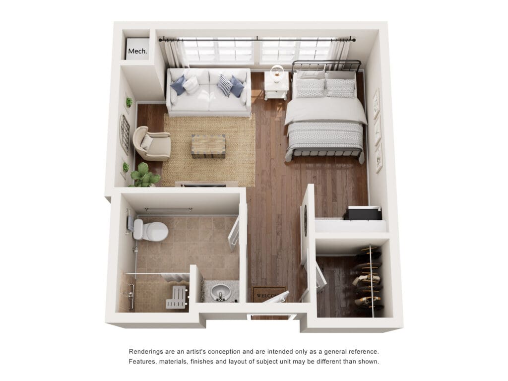 Stylish studio apartment layout featuring a cozy living area, modern kitchen, and inviting bedroom with natural light.