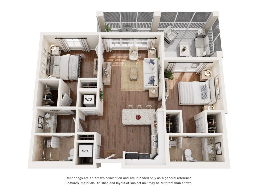 Spacious two-bedroom apartment layout featuring upscale amenities, a welcoming living area, and modern finishes.
