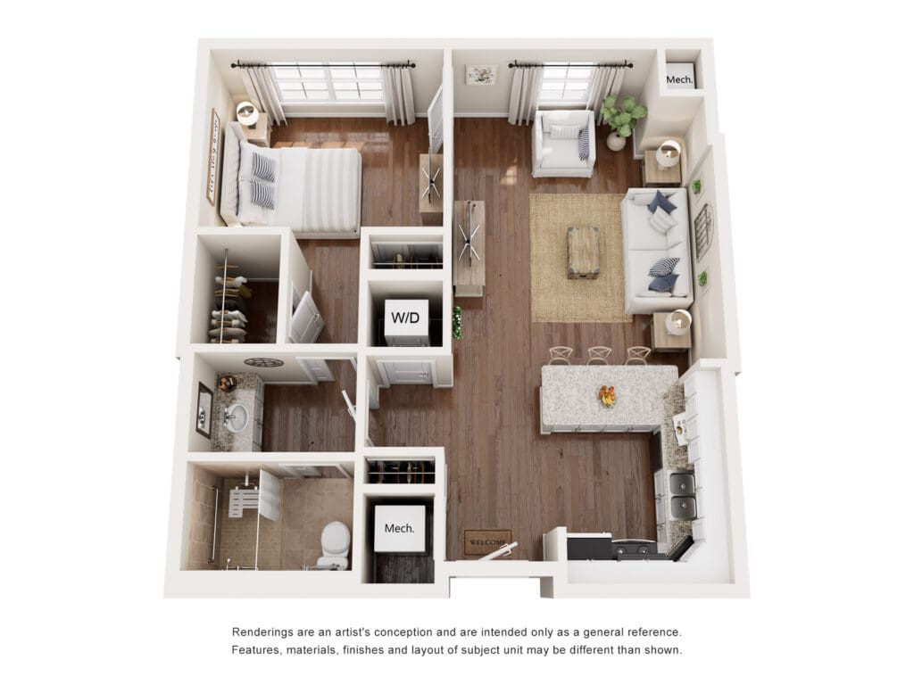 Open floor plan of an upscale senior living unit featuring a cozy living area, bedroom, and modern kitchen amenities.