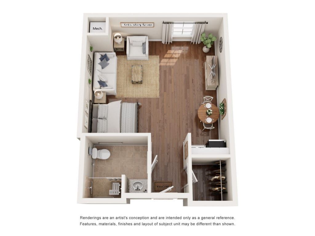 Stylish and spacious senior living apartment layout featuring a cozy living area, bedroom, and dining space with modern amenities.