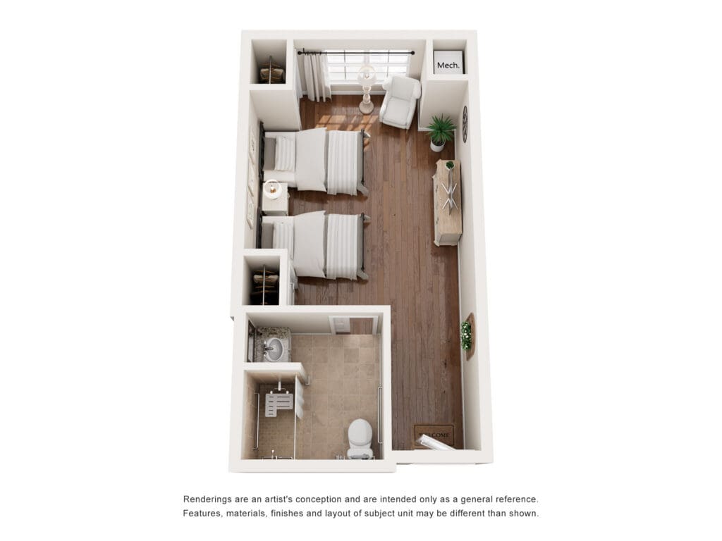 Stylish layout of a senior living apartment featuring two beds, a cozy living area, and modern amenities for comfort.