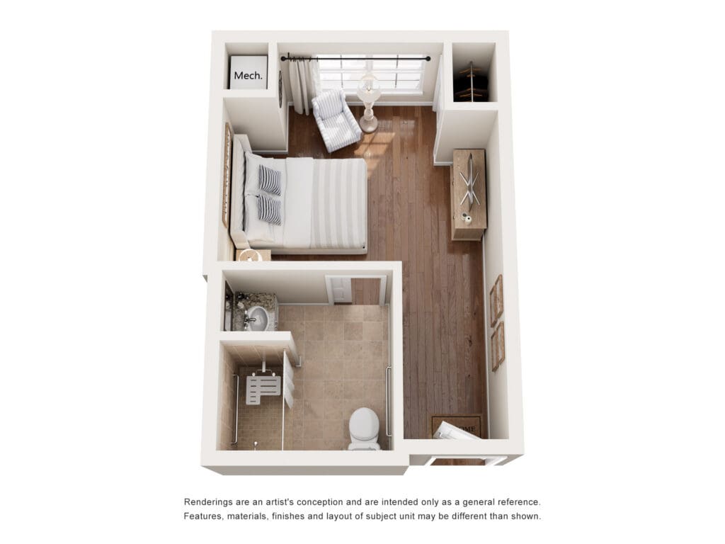 Cozy studio layout featuring a welcoming bed, modern bathroom, and elegant furnishings, designed for comfort and style.