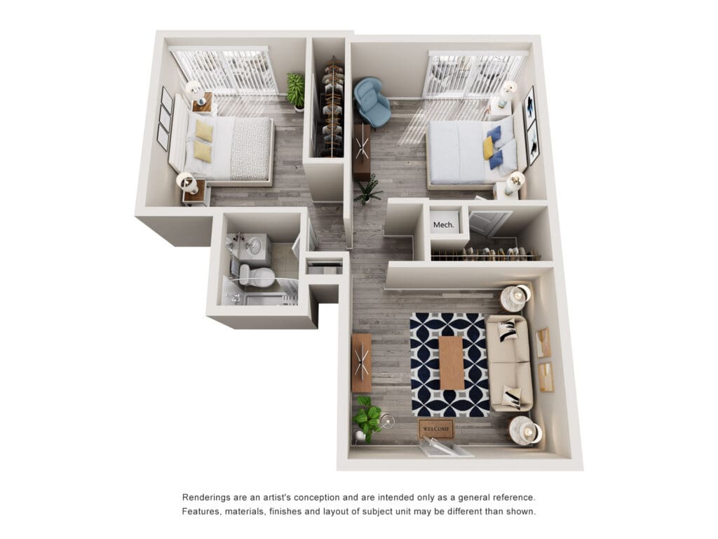 Stylish two-bedroom floor plan featuring modern furnishings, ample natural light, and a welcoming living space.