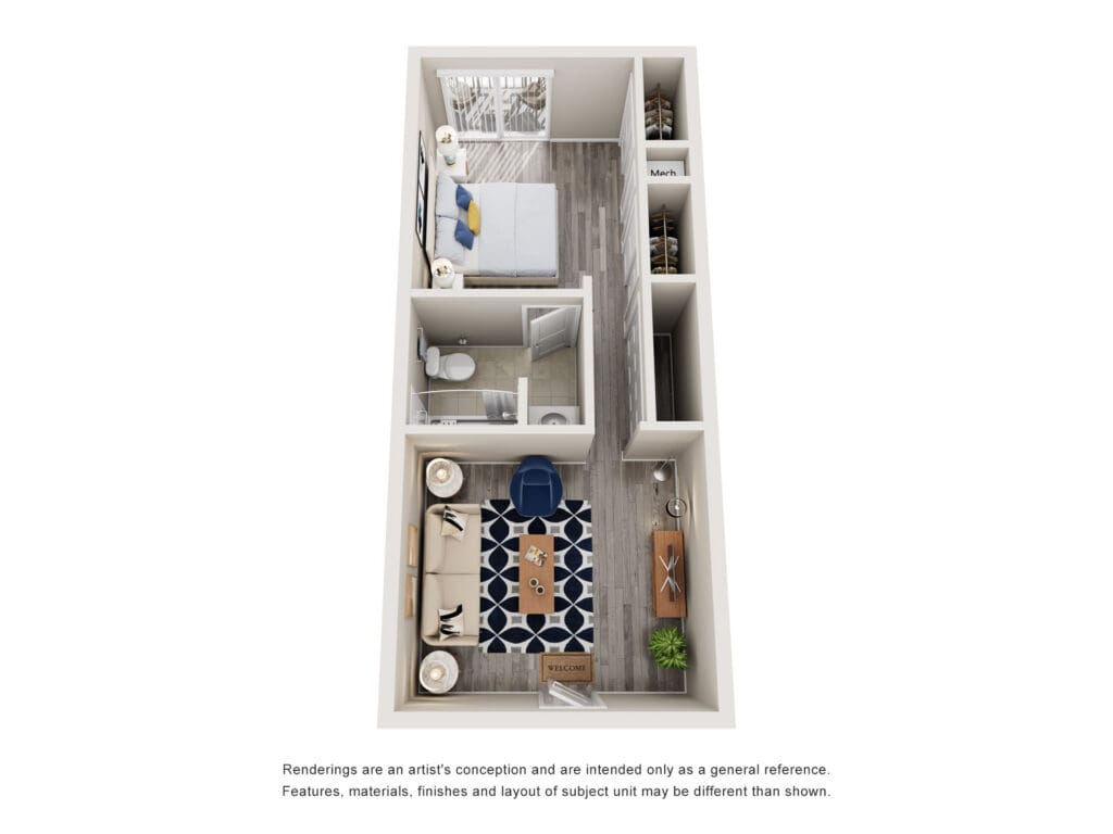 Elegant senior living apartment layout featuring a cozy living area, bedroom, and stylish amenities for a vibrant lifestyle.