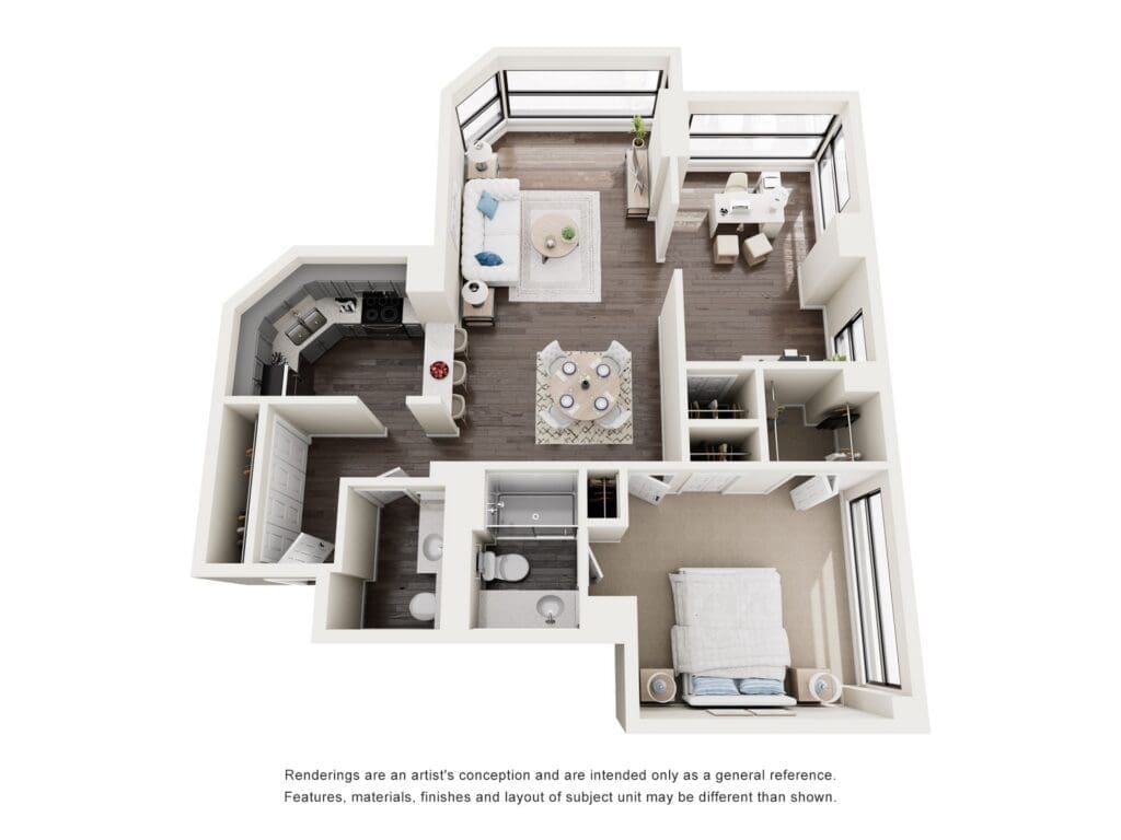 Spacious, elegantly designed senior living apartment with modern amenities, bright living area, and cozy bedroom layout.