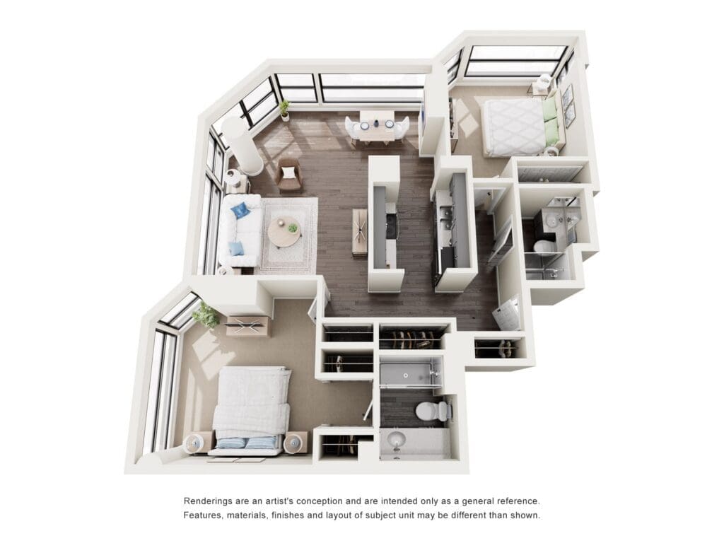 Elegant apartment layout featuring a spacious living area, well-equipped kitchen, and cozy bedroom with ample natural light.