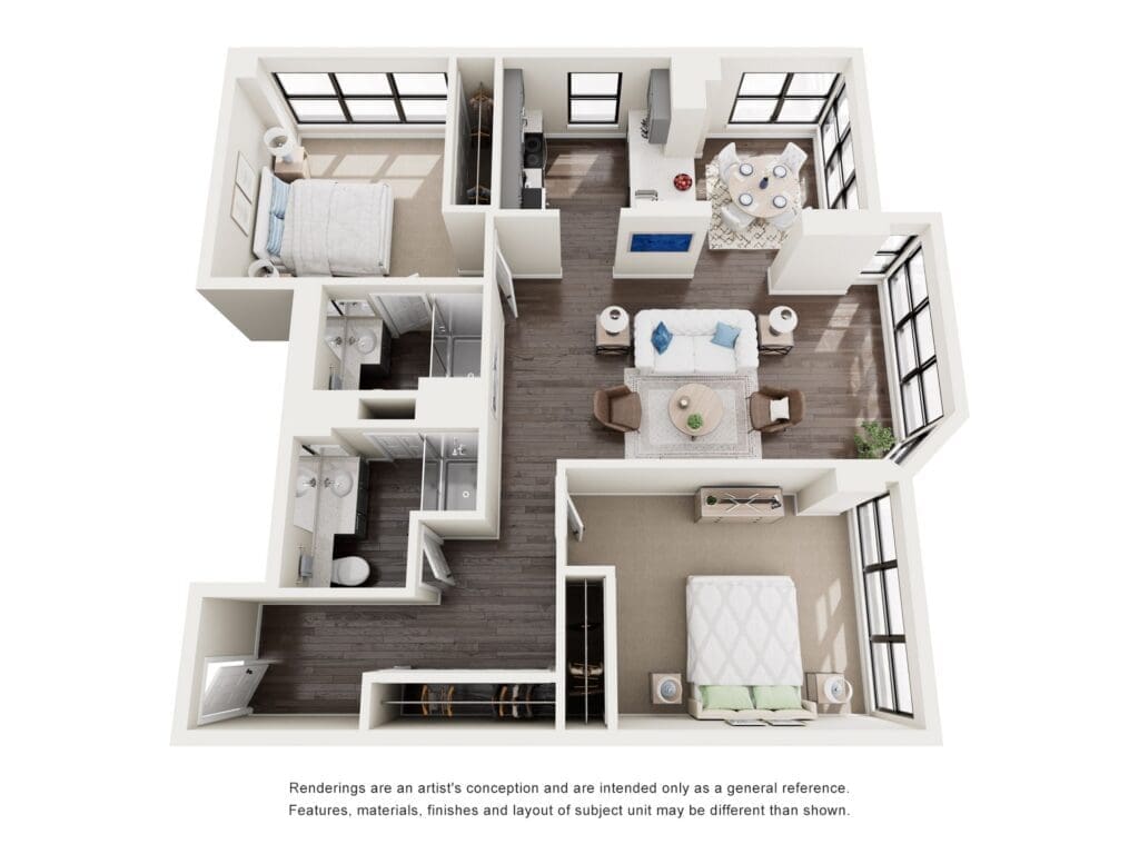 Spacious, stylish apartment layout featuring modern amenities and abundant natural light in a vibrant senior living community.