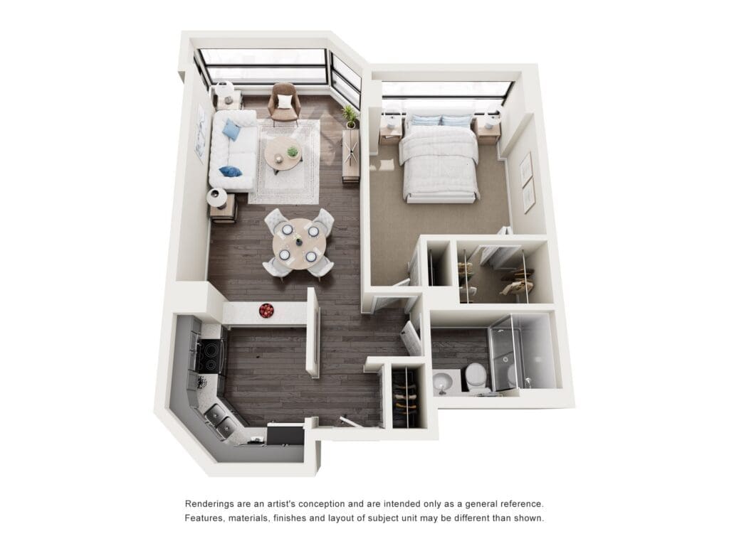 Stylish apartment layout featuring a cozy living area, modern kitchen, dining space, bedroom, and bathroom.