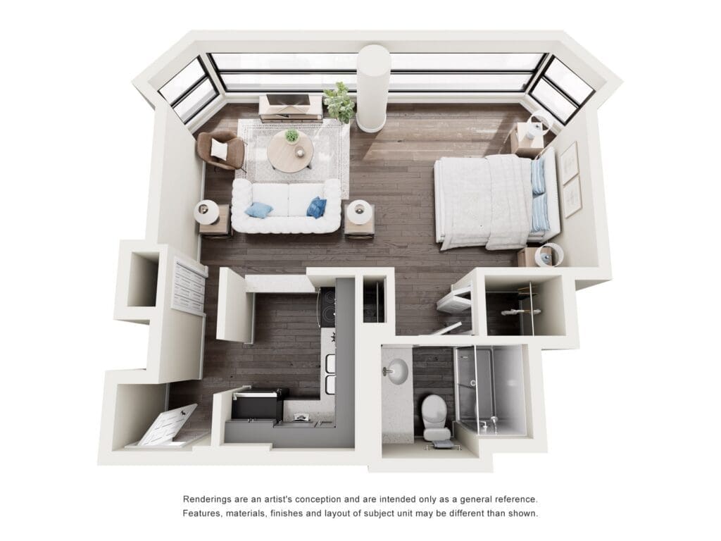 Spacious senior living apartment layout featuring a cozy living area, modern kitchen, and serene bedroom with ample natural light.