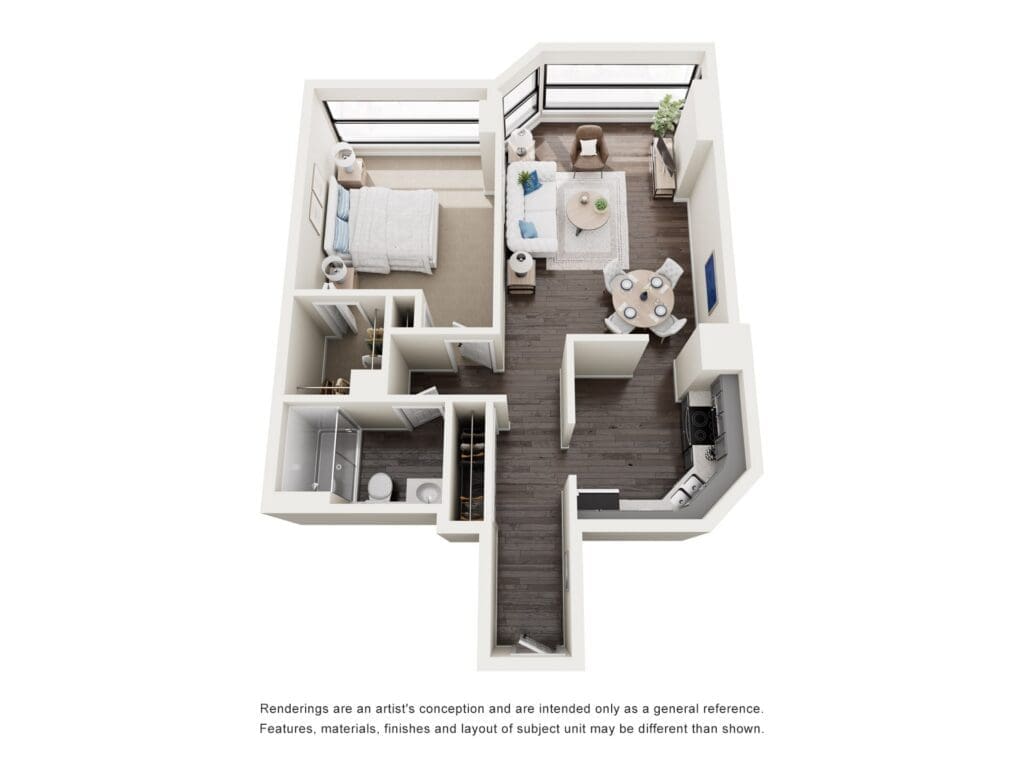 Spacious and elegant senior living apartment layout featuring a cozy bedroom, bright living area, and upscale amenities.