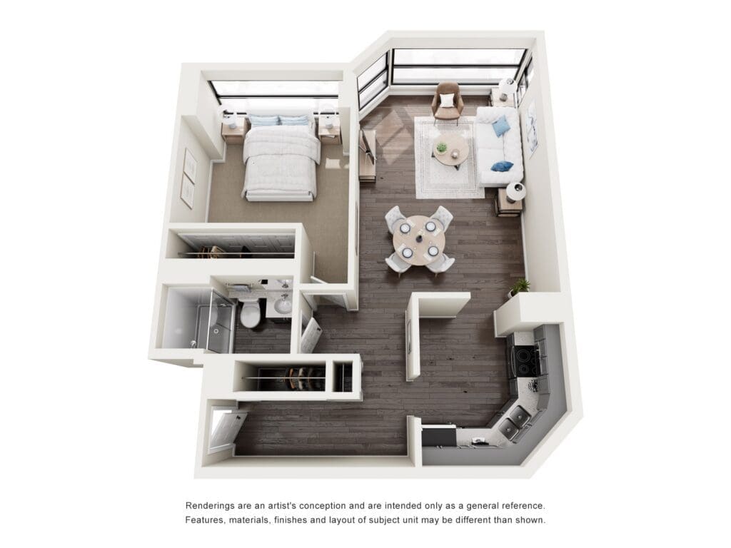 Top-down 3D floor plan of a one-bedroom apartment showing a bedroom, bathroom, and an open living, dining, and kitchen area with a round dining table nearby.