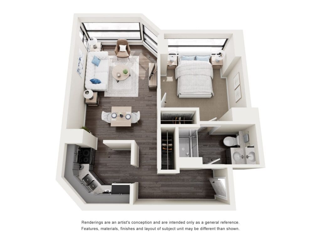 Charming one-bedroom apartment layout featuring a cozy living area, kitchenette, and a serene bedroom with natural light.