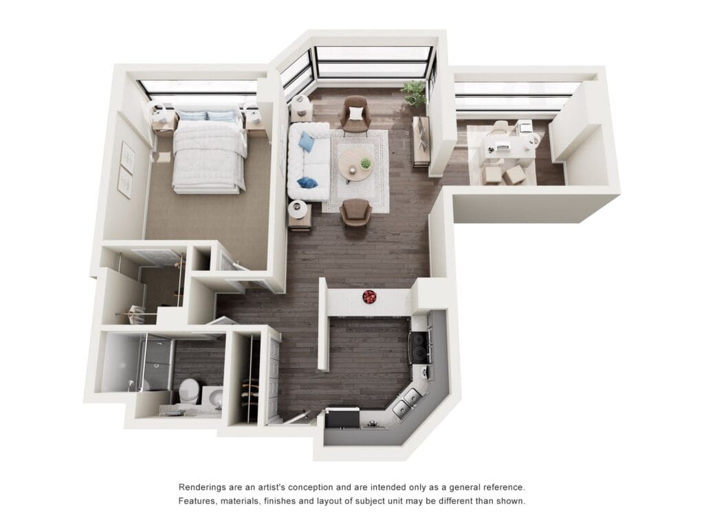 Bright and modern senior living apartment layout featuring a cozy bedroom, spacious living area, and well-equipped kitchen.