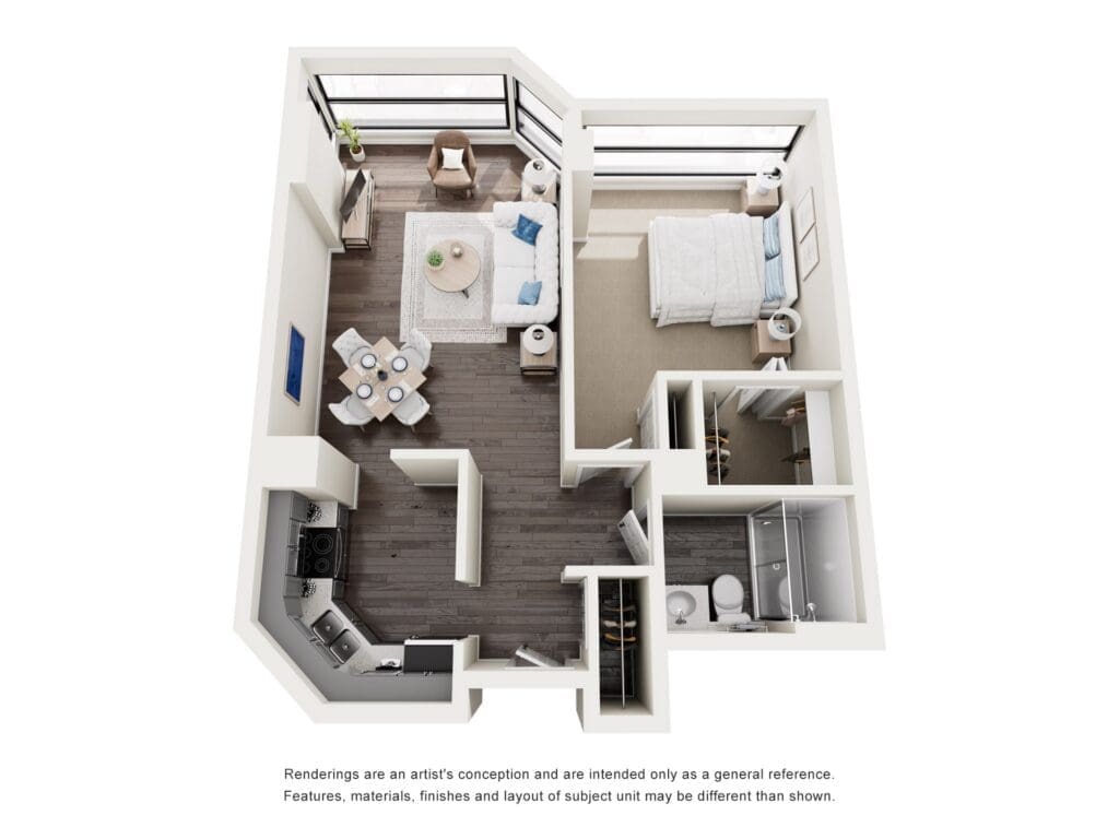 Thoughtfully designed floor plan showcasing an upscale one-bedroom apartment with elegant living spaces and modern amenities.