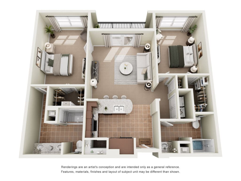 Stylish floor plan showcasing a spacious two-bedroom apartment with modern amenities and warm, inviting decor.