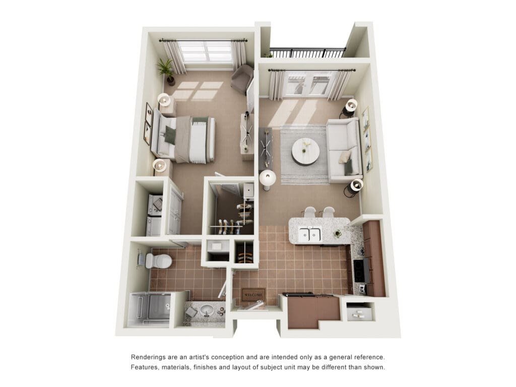 Stylish floor plan showcasing a cozy bedroom, open living space, and modern kitchen for an upscale senior lifestyle.