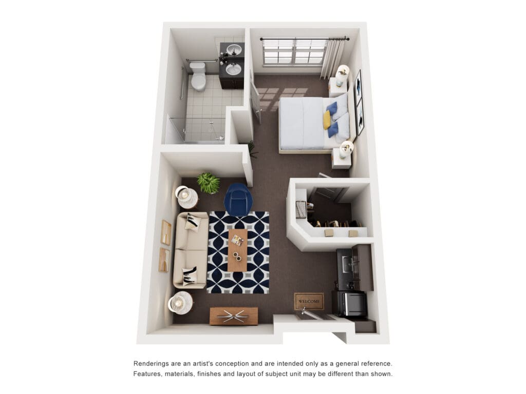 Stylish one-bedroom floor plan featuring a cozy living area, modern kitchenette, and spacious bathroom for a vibrant lifestyle.