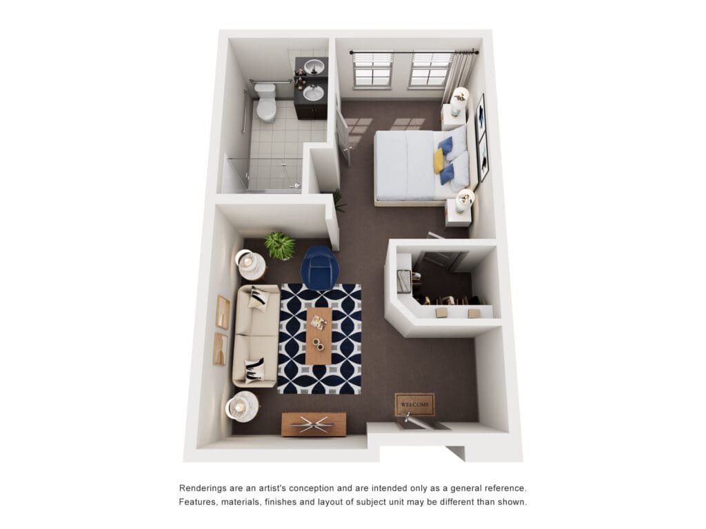 Stylish floor plan featuring a cozy living area, well-appointed bedroom, and accessible bathroom in a senior living space.