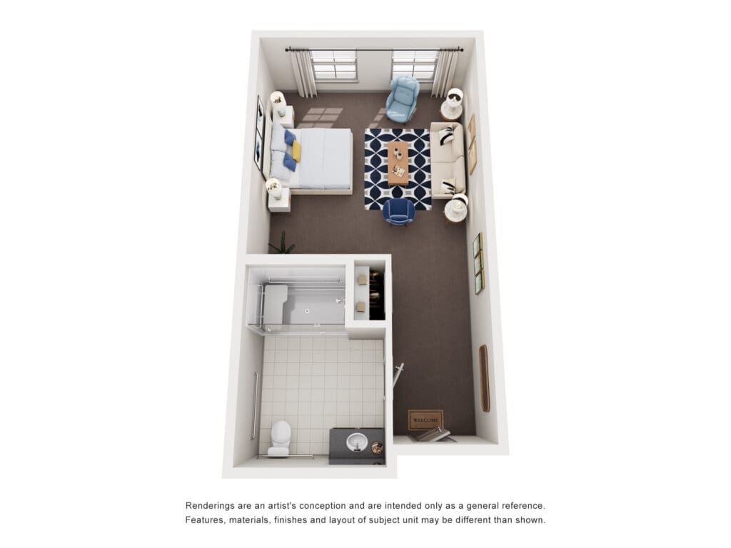 Spacious senior living apartment layout featuring a cozy bedroom, inviting living area, and accessible bathroom.