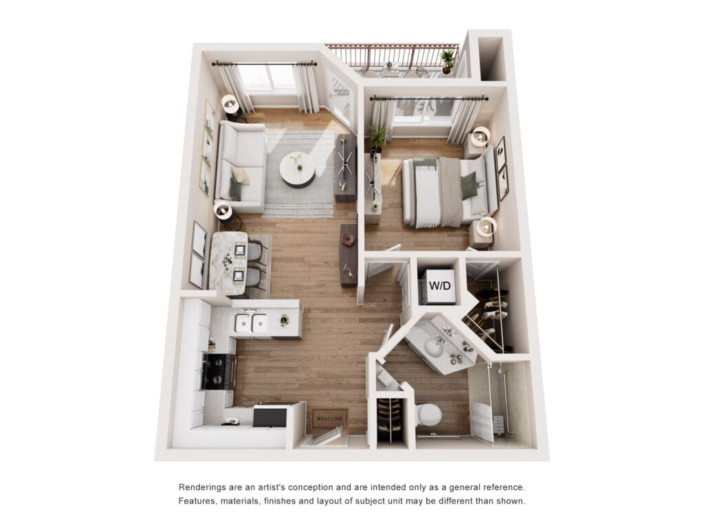 Stylish senior living floor plan featuring a spacious living area, modern kitchen, and cozy bedroom.