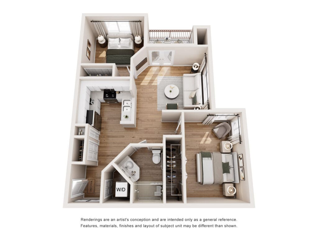 Upscale apartment layout featuring a cozy bedroom, modern kitchen, and stylish living area, promoting vibrant senior living.