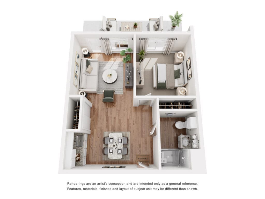 Isometric floor plan of a two-bedroom apartment: living room, dining area, kitchen, two bedrooms, bath, and balcony.