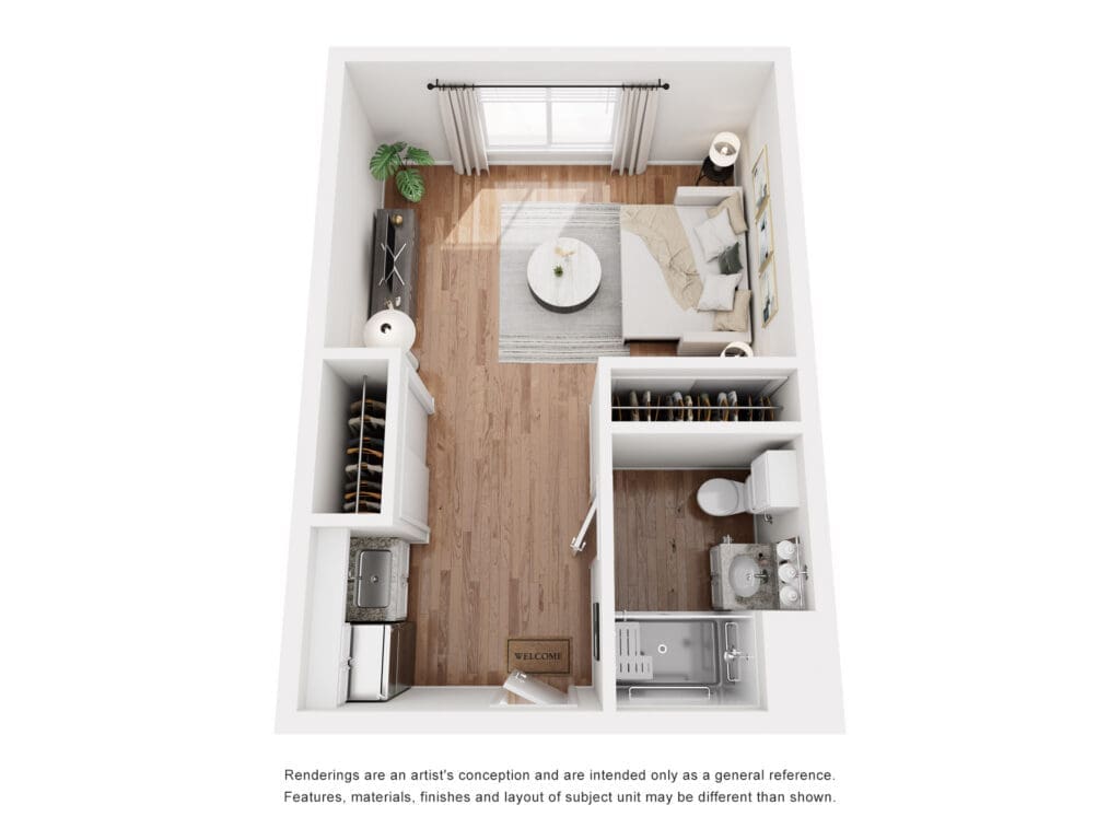 Isometric floor plan of a small apartment showing a living area with sofa and coffee table, a bedroom, a kitchen with appliances, a bathroom, and a walk-in closet.