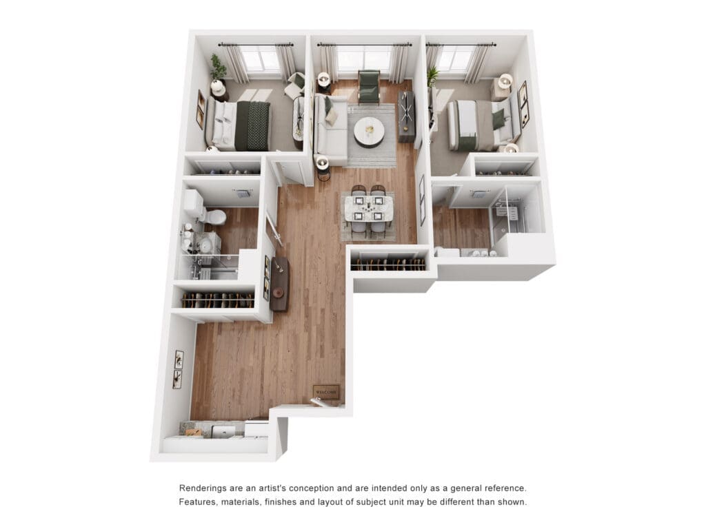 Isometric 3D floor plan of a multi-bedroom apartment: central living and dining area, with a kitchen, two bedrooms, and two bathrooms.