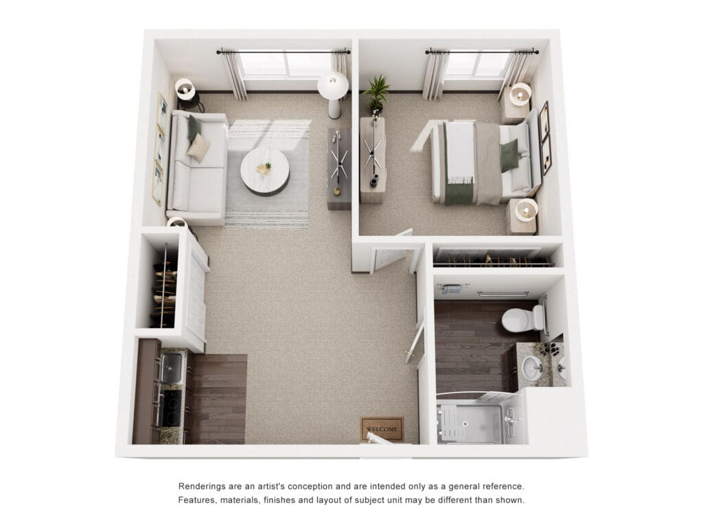 Stylish layout with cozy living area, elegant bedroom, and modern kitchenette, offering comfort and vibrant living.