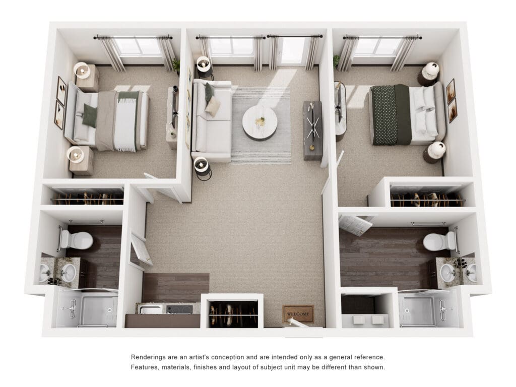 Spacious, elegantly designed two-bedroom layout featuring cozy living areas and upscale amenities for a vibrant lifestyle.