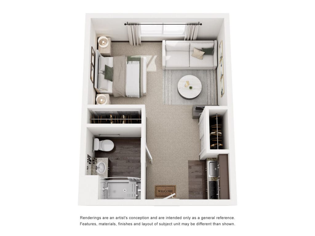 Stylish one-bedroom layout showcasing a cozy living area, well-appointed kitchen, and elegant bathroom in an inviting atmosphere.