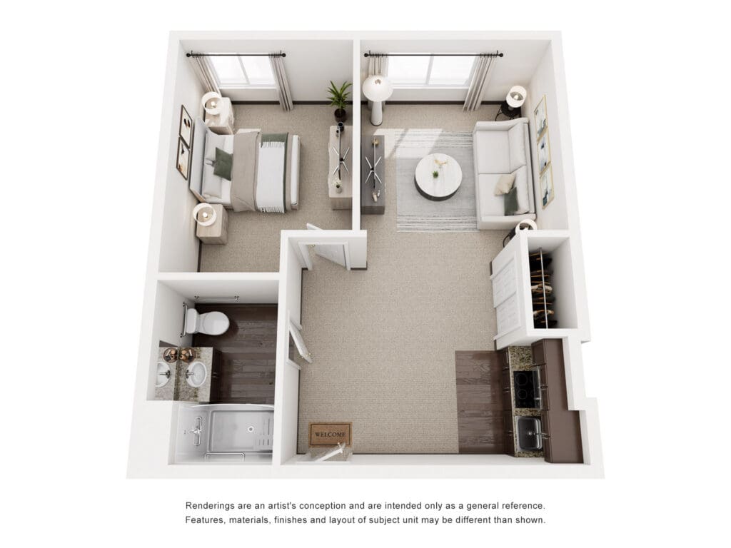 Spacious senior living apartment featuring two bedrooms, modern amenities, cozy living area, and accessible bathroom.