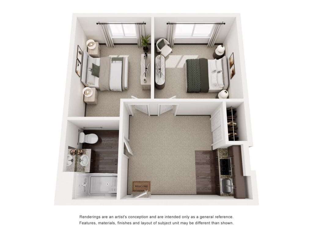 Stylish two-bedroom apartment layout featuring upscale furnishings, natural light, and modern amenities for a vibrant lifestyle.